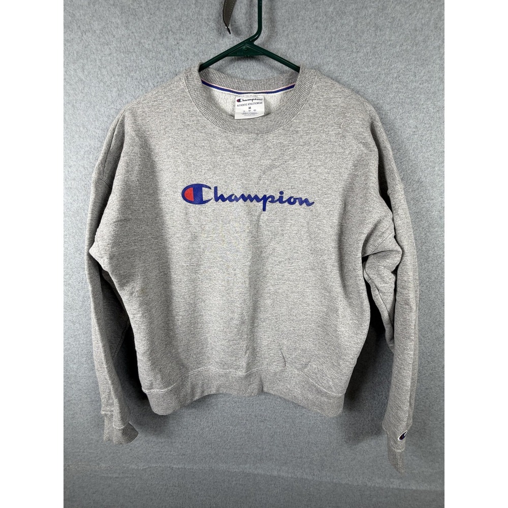 Champion Sweatshirt Mens Medium Gray Pullover Crewneck Fleece Spell Out Logo